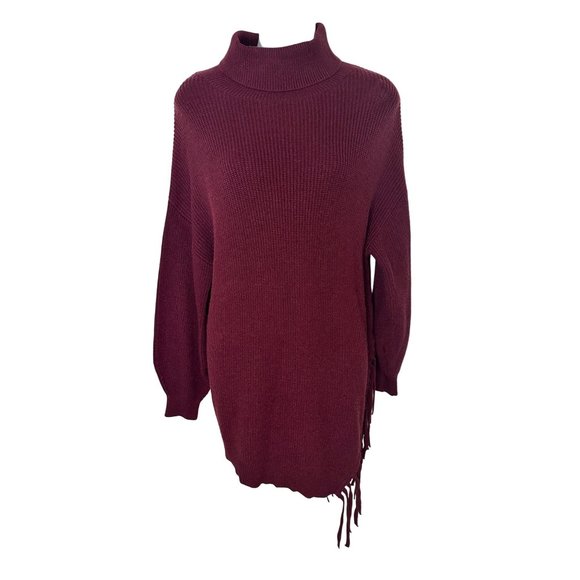 Greige Womens Burgundy Knit Turtleneck Sweater With Fringe Hem - XL NWT - Picture 3 of 10